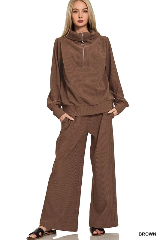 Zenana Ribbed High Neck Half Zip Pullover & Pants Set BROWN Easy Apparels