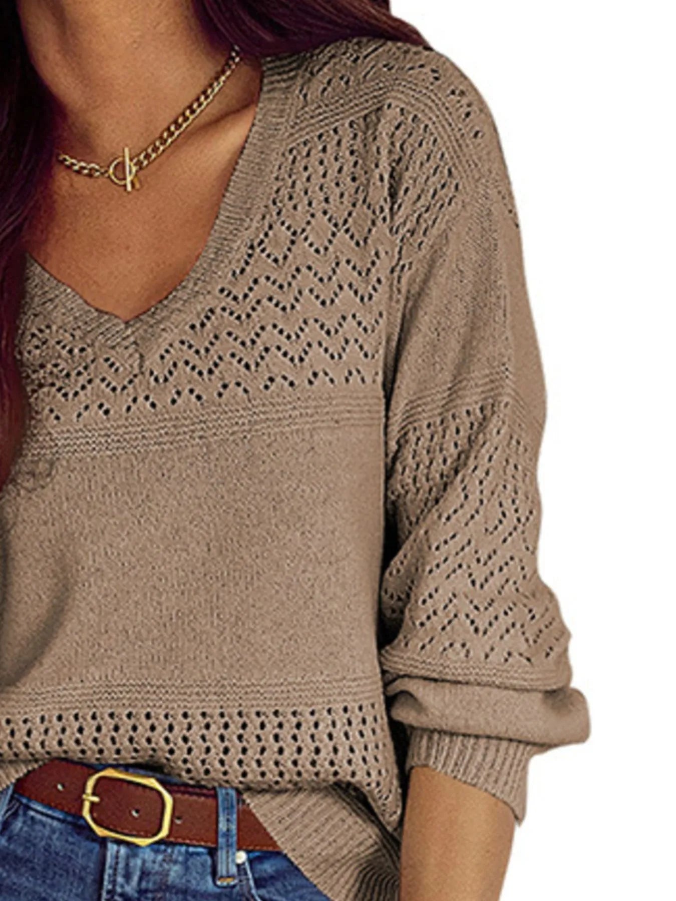Trendsi Eyelet Deatil V-Neck Long Sleeve Sweater