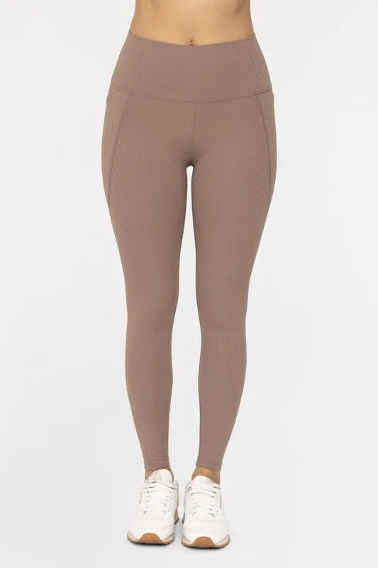 MONO B Soft Ribbed High Waisted Leggings DEEP TAUPE Easy Apparels