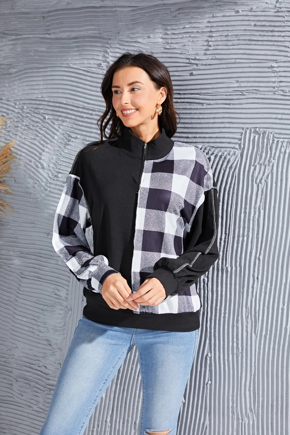 Trendsi Plaid Exposed Seam Long Sleeve Blouse Black