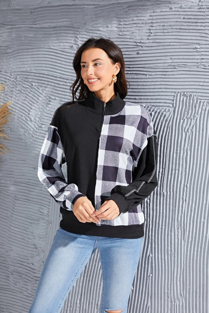 Trendsi Plaid Exposed Seam Long Sleeve Blouse Black