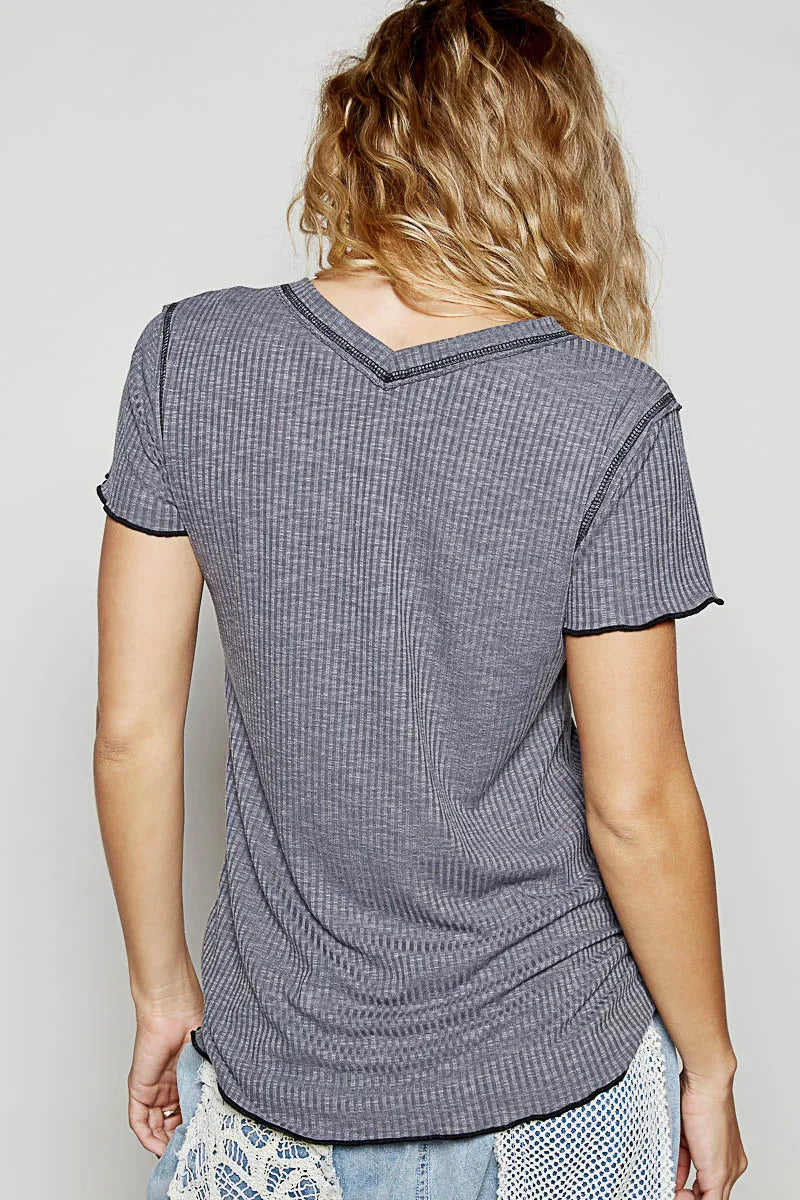 Trendsi POL V-Neck Short Sleeve Ribbed T-Shirt with Contrast Overlock Stitching