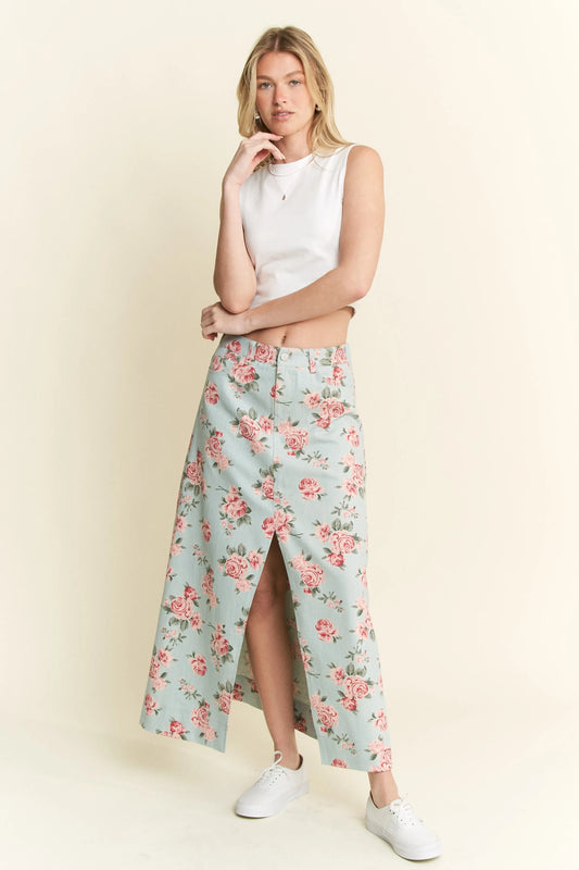 Jade By Jane Full Size Floral Print Front Slit Denim Maxi Skirt Plus Size L.DENIM Easy Apparels