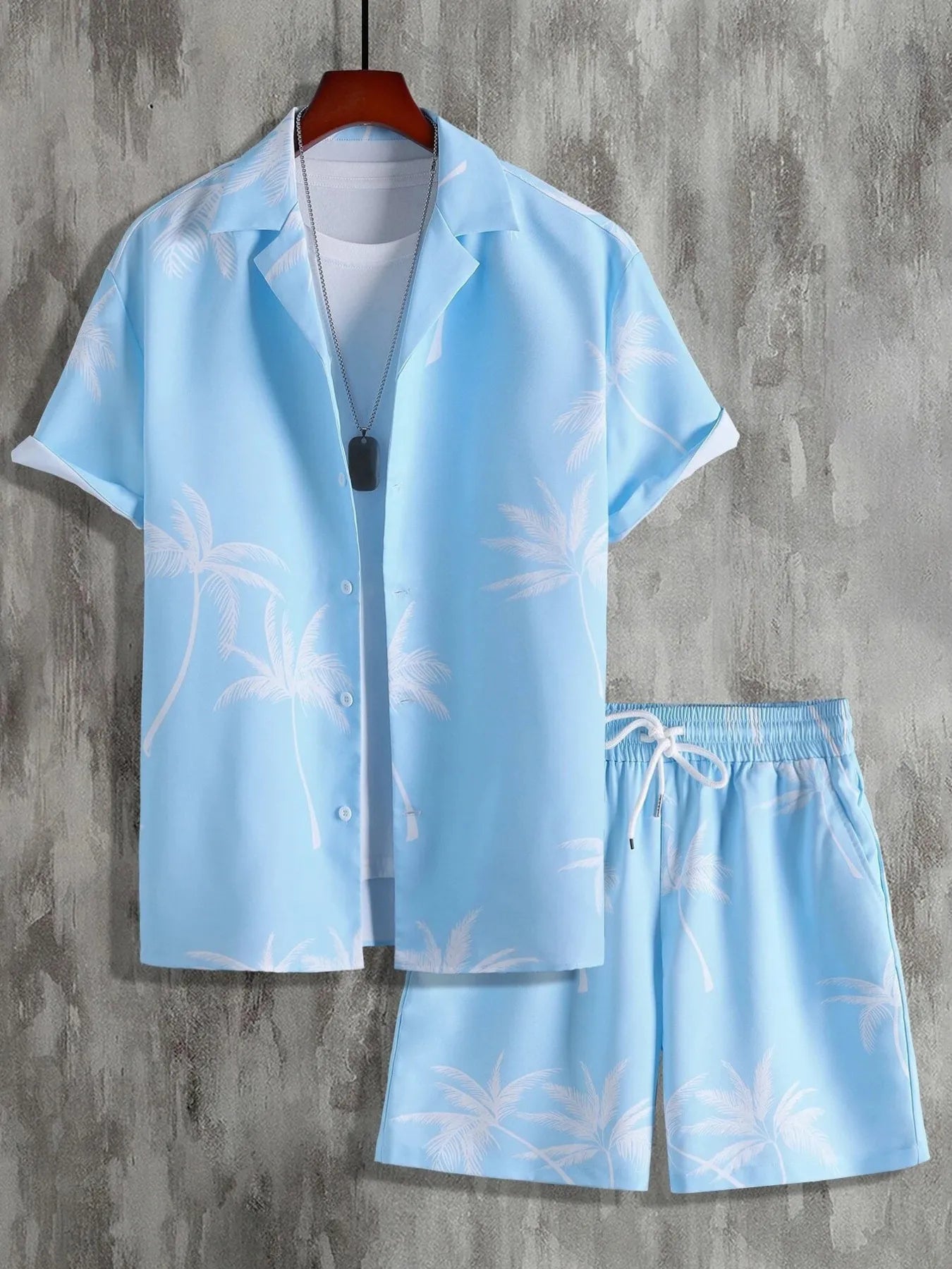 Men's Full Size Palm Print Button Up Shirt and Shorts Set Plus Size Pastel Blue Easy Apparels