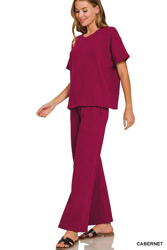 Zenana Slub Short Sleeve T-Shirt and Pants Set CABERNET Easy Apparels