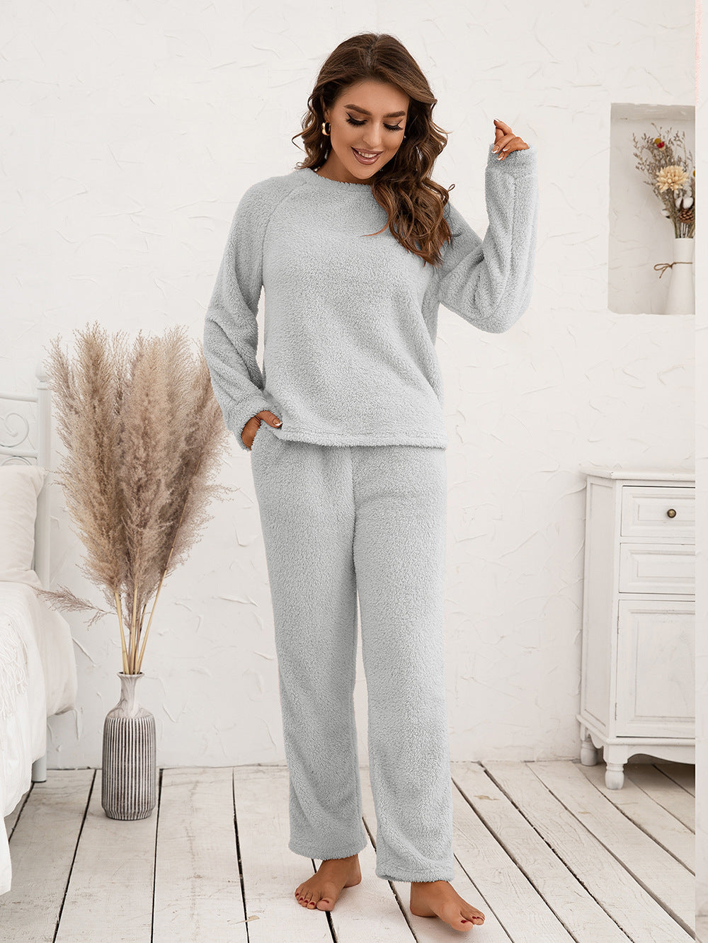 Ivy Lane Teddy Long Sleeve Top and Pants Lounge Set Light Gray Easy Apparels