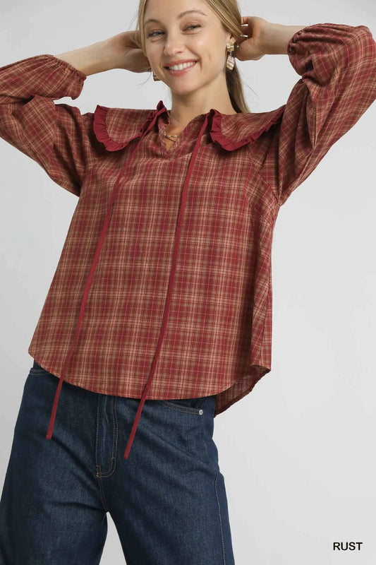 Umgee Full Size Plaid Ruffle Collar Blouse Plus Size Rust Easy Apparels