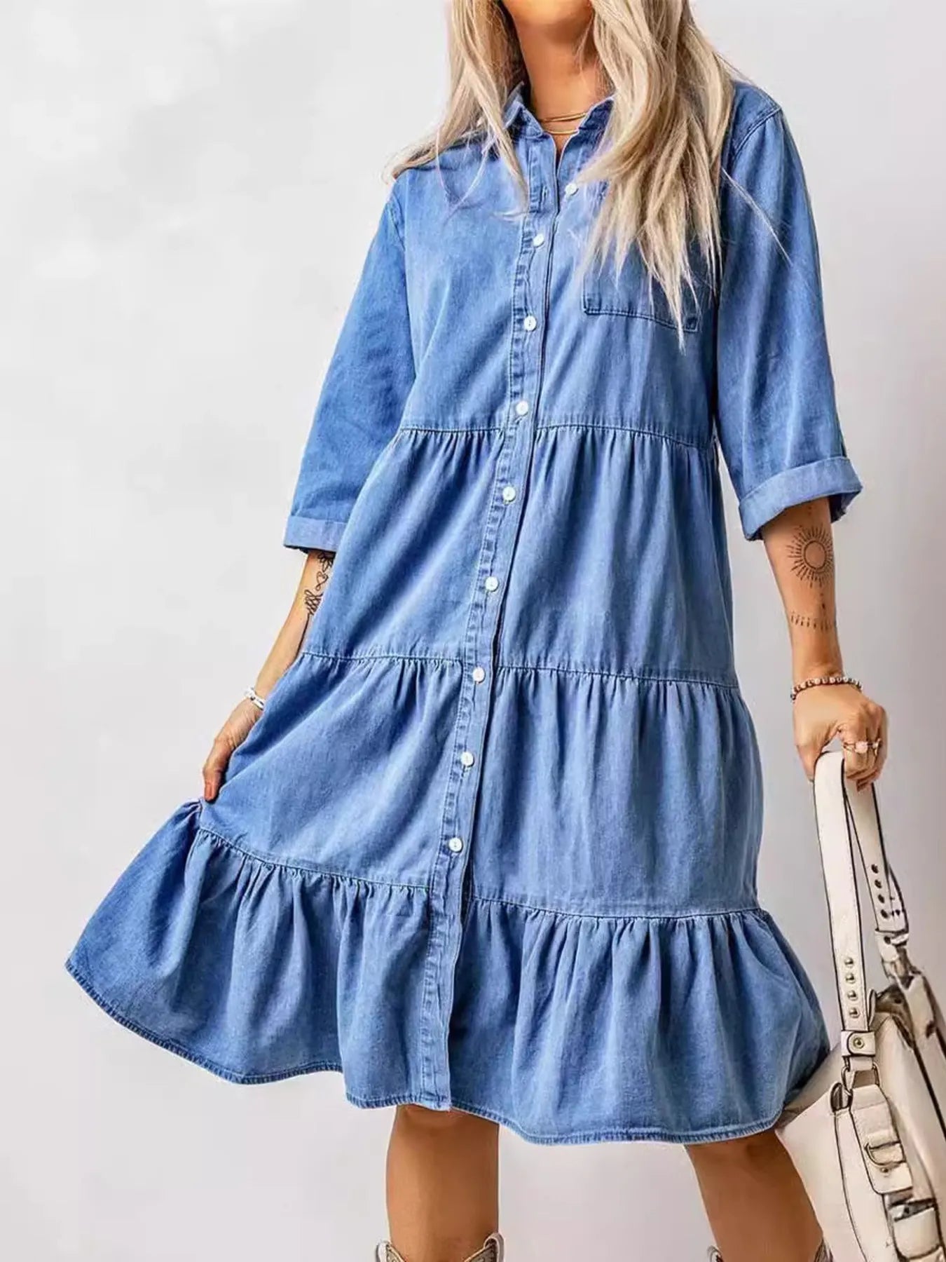 Full Size Ruffled Hem Button Up Denim Midi Dress Plus Size Blue Easy Apparels