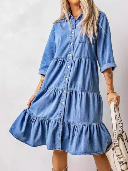 Full Size Ruffled Hem Button Up Denim Midi Dress Plus Size Blue Easy Apparels