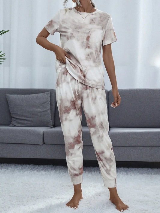 Shiny Tie-Dye Round Neck Short Sleeve Top and Pants Lounge Set Multicolor Easy Apparels
