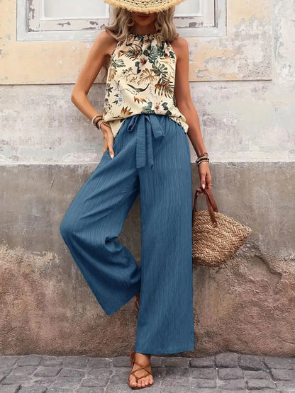 Printed Tank Top and Wide Leg Pants Set Easy Apparels