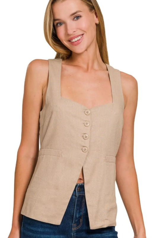 Zenana Linen Tie-back 4-button Vest with Lining LT MOCHA Easy Apparels
