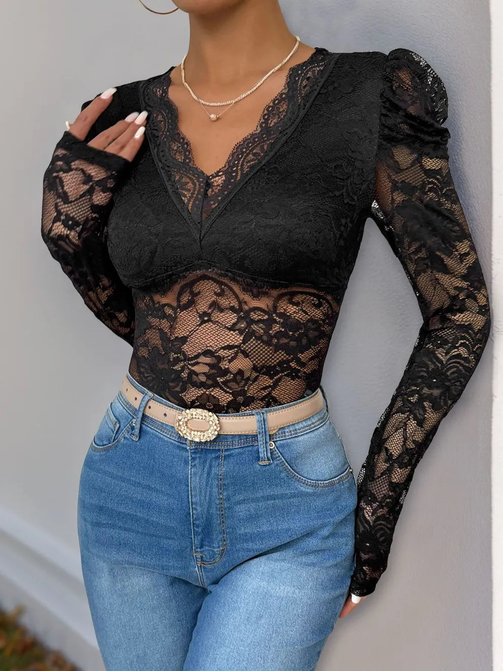 Trendsi Perfee Lace V-Neck Long Sleeve Bodysuit