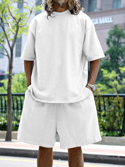 Men's Full Size Round Neck Short Sleeve Top and Shorts Set Plus Size White Easy Apparels