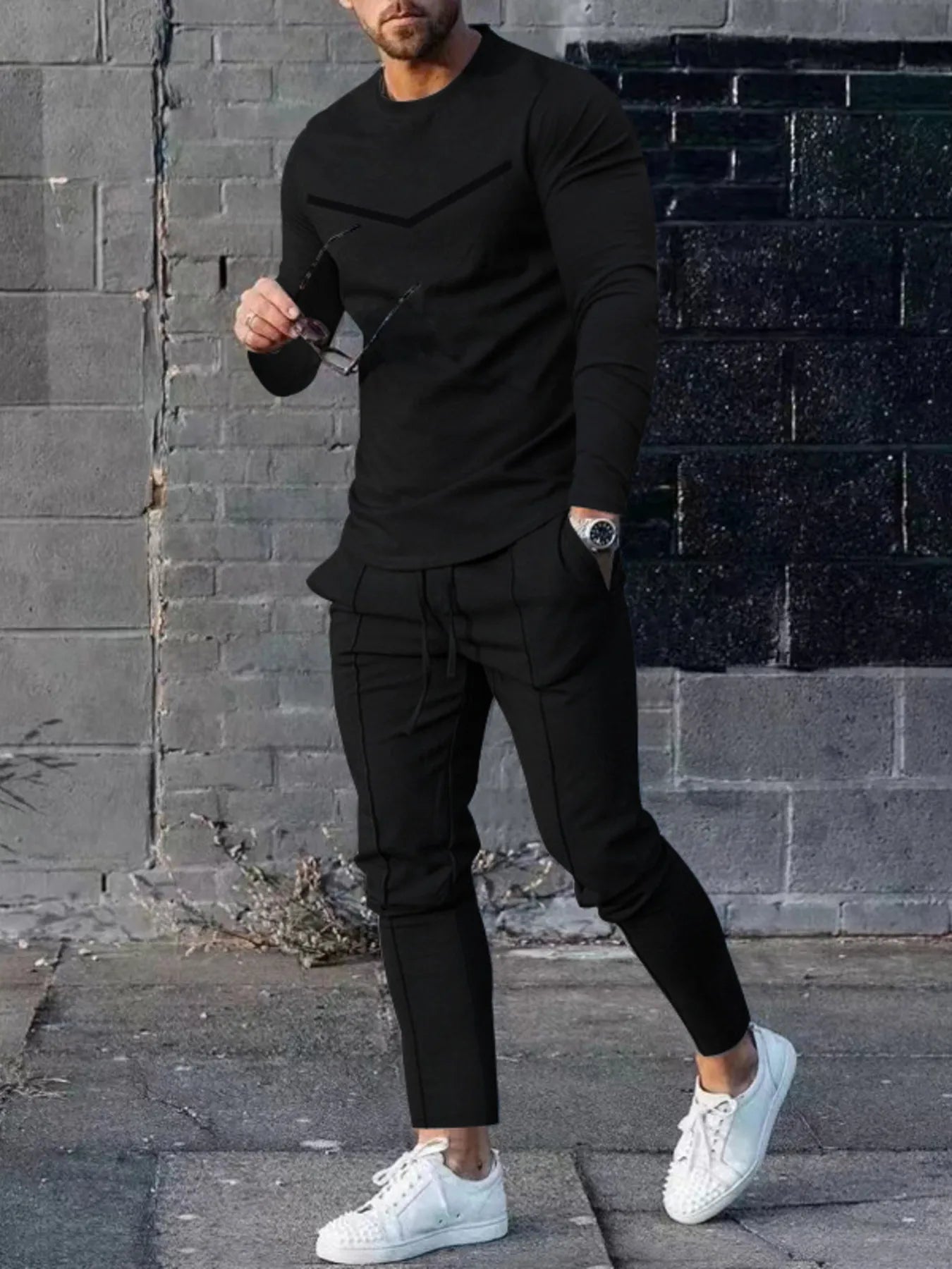 Men's Plus Size Round Neck Long Sleeve Top and Pants Set Black Easy Apparels