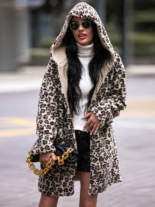 Shiny Leopard Print Hooded Teddy Coat Leopard Easy Apparels
