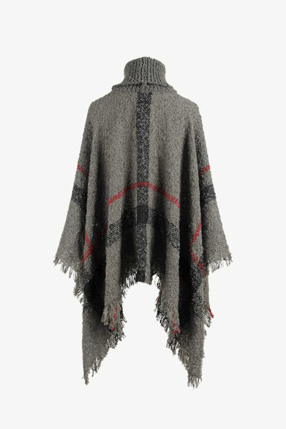 Plaid Turtleneck Raw Hem Poncho Easy Apparels