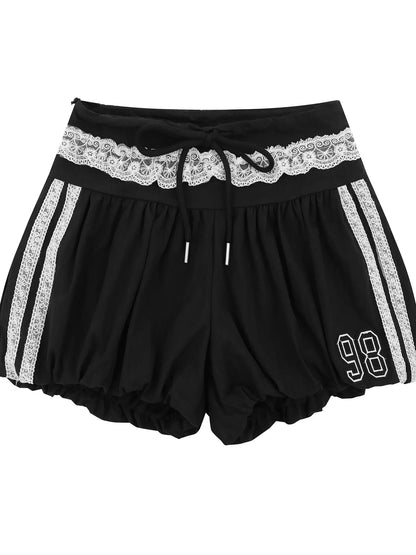 Lace Trim Shorts with Drawstring Black Easy Apparels