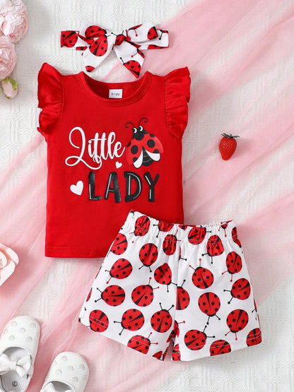 Children's Headband, Round Neck Ruffle Sleeve Top and Pants Set Easy Apparels
