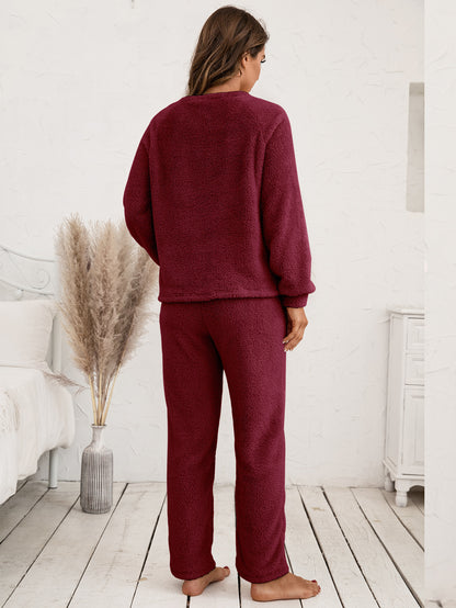 Ivy Lane Teddy Long Sleeve Top and Pants Lounge Set Easy Apparels