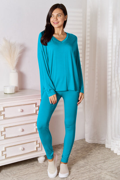 Basic Bae Full Size V-Neck Soft Rayon Long Sleeve Top and Pants Lounge Set Sky Blue Easy Apparels