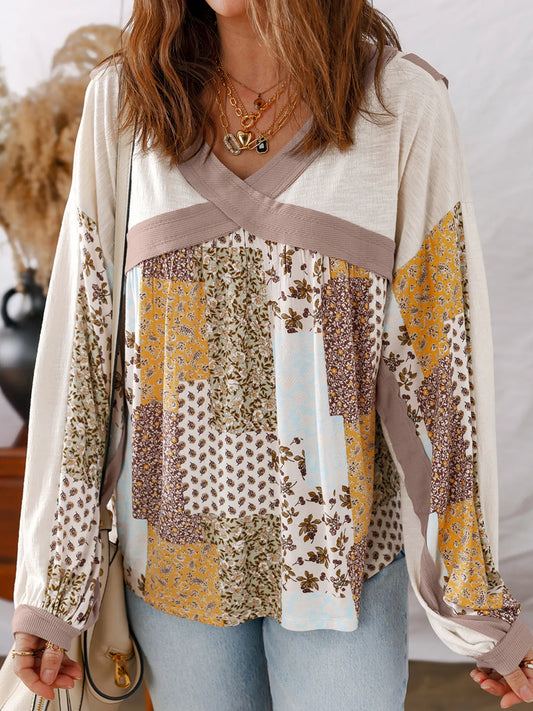 Trendsi Floral Printed Contrast Patchwork Long Sleeve Top Khaki