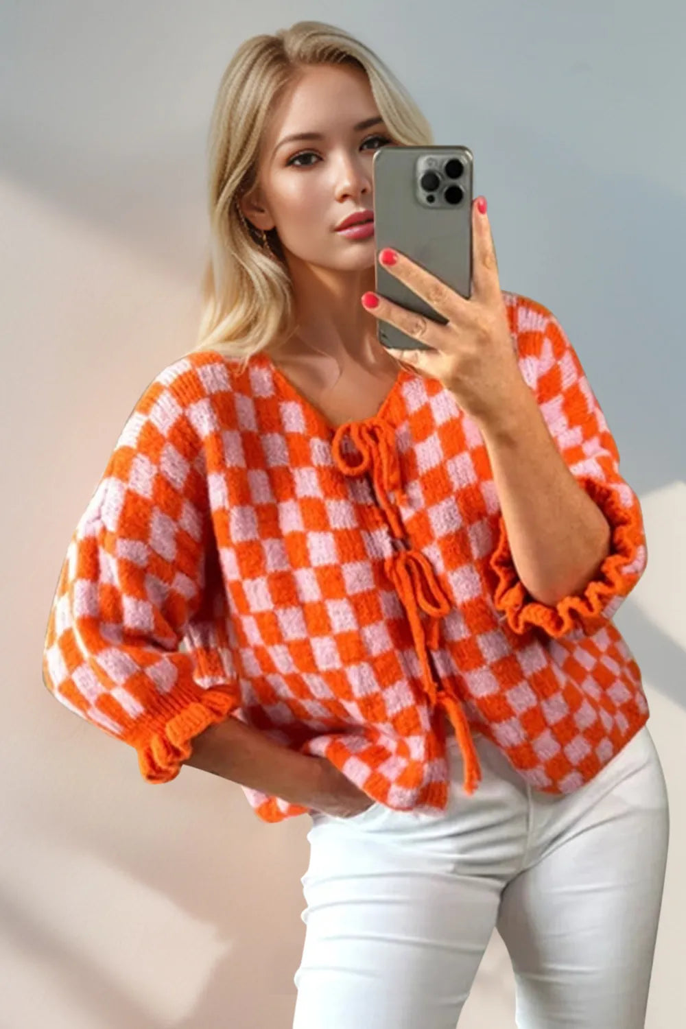 Double Take Tied Checkered Dropped Shoulder Flounce Sleeve Cardigan Orange Easy Apparels
