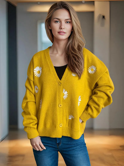 Daisy Button Up V-Neck Cardigan Mustard One Size Easy Apparels