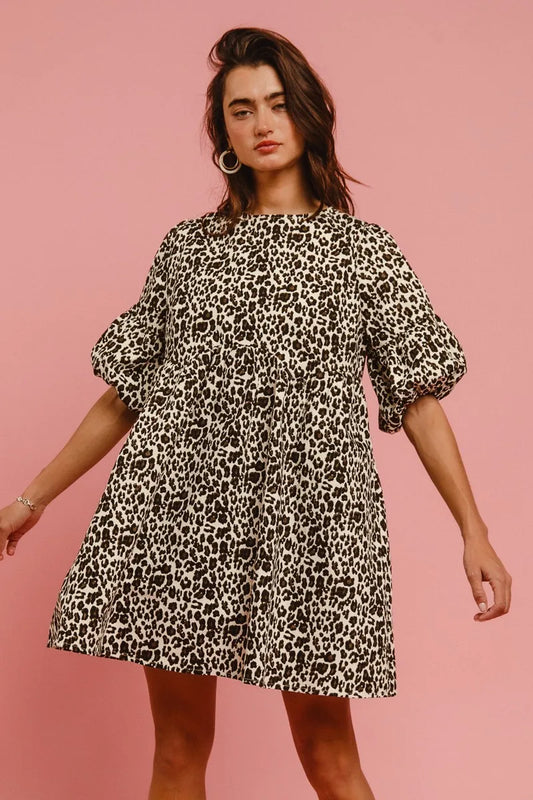 BiBi Leopard Denim Dress With Back Contrast Tie Detail OFF WHITE LEOPARD Easy Apparels
