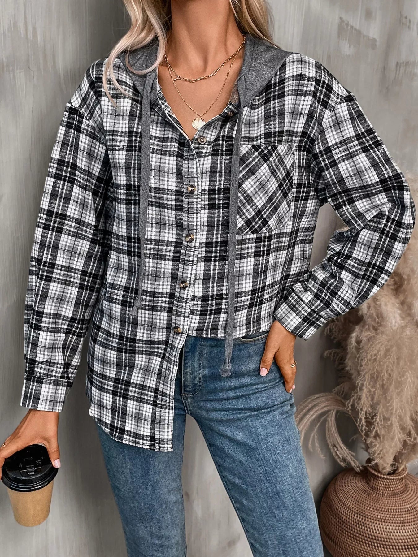 Trendsi Plaid Button-Up Hooded Shirt
