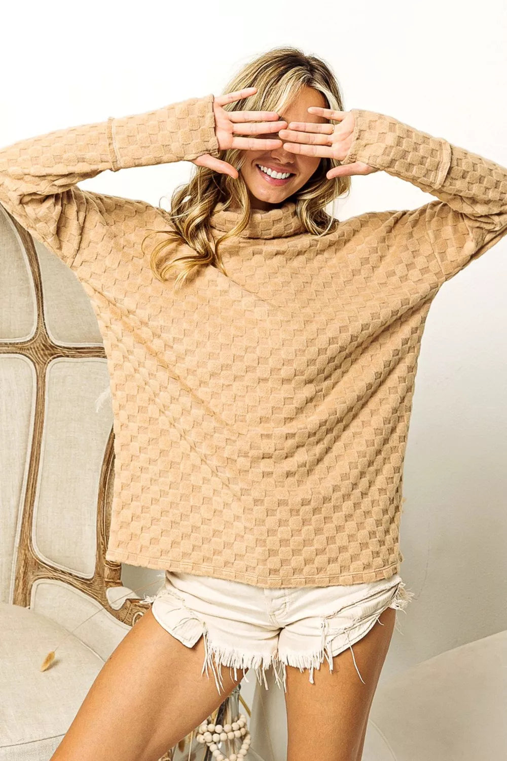 Trendsi BiBi Checkered Round Neck Thumbhole Long Sleeve Top