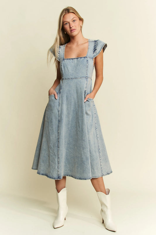 Jade By Jane Full Size Ruffled Denim Midi Dress Plus Size DENIM BLUE Easy Apparels