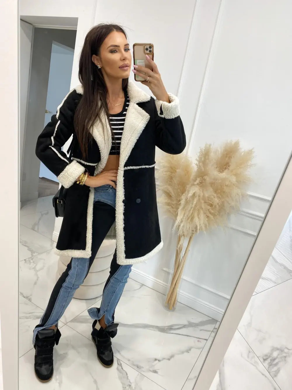 Lapel Collar Exposed Seam Buttoned Coat Black Easy Apparels