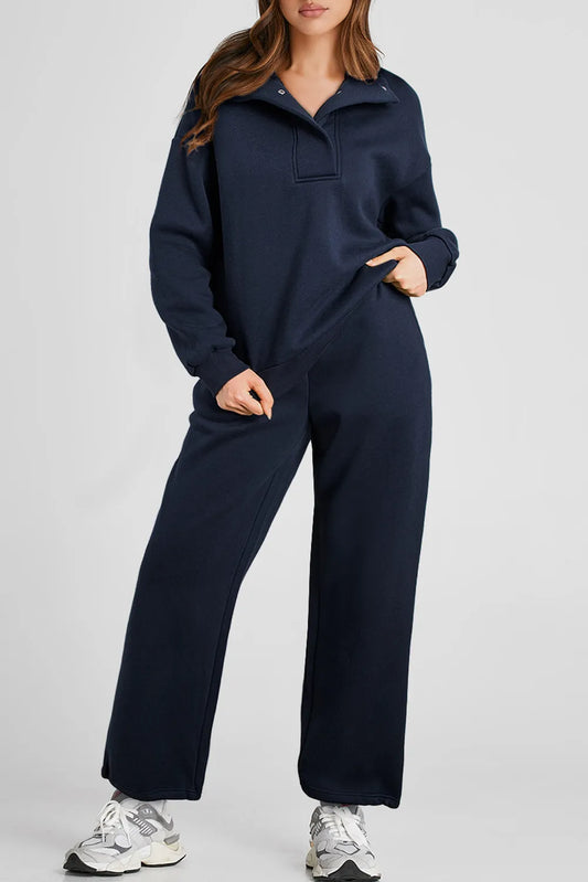 Half Snap Long Sleeve Top and Pants Active Set Dark Navy Easy Apparels