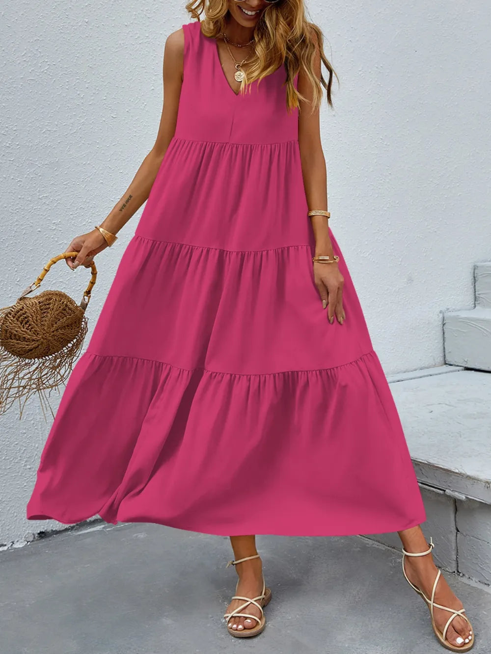 FAM-FAM Tiered V-Neck Sleeveless Dress Hot Pink Easy Apparels