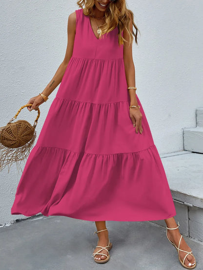 FAM-FAM Tiered V-Neck Sleeveless Dress Hot Pink Easy Apparels