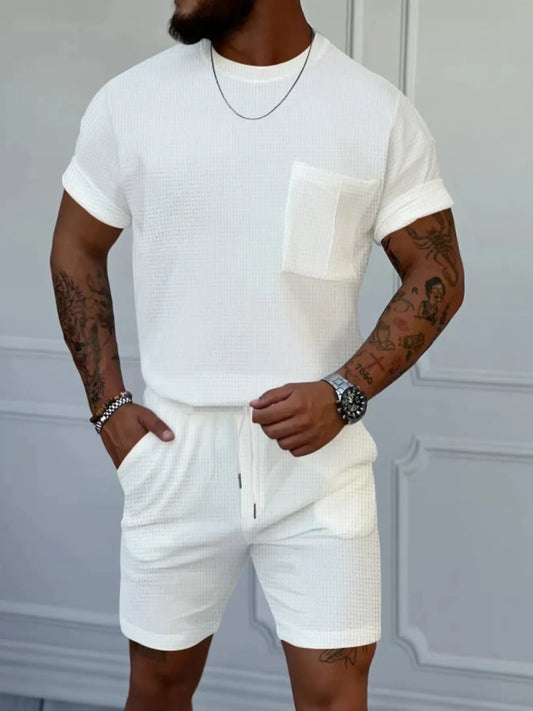 Men's Full Size Round Neck Short Sleeve Top and Shorts Set Plus Size White Easy Apparels