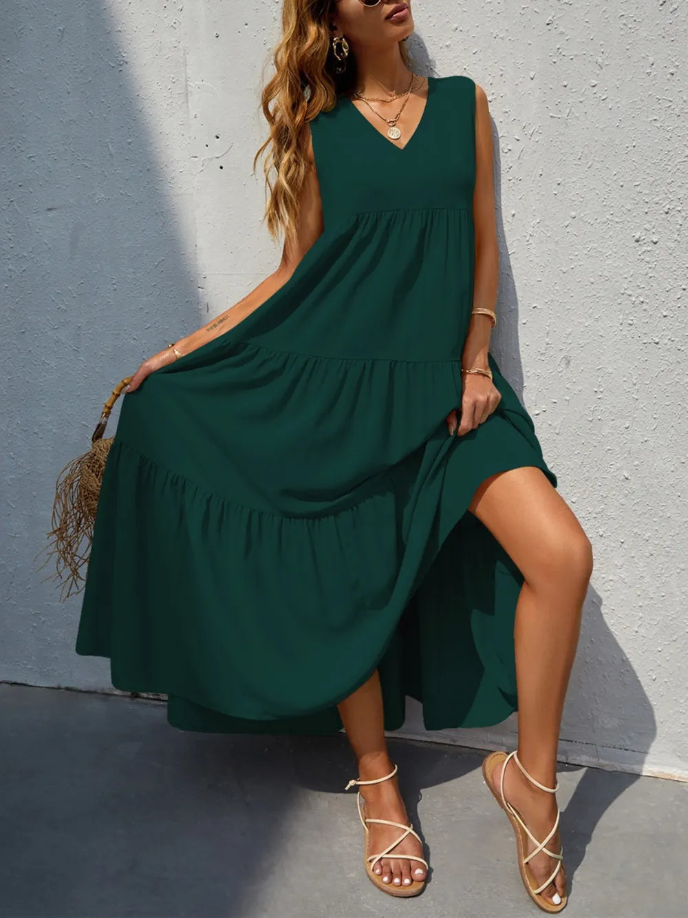 FAM-FAM Tiered V-Neck Sleeveless Dress Easy Apparels