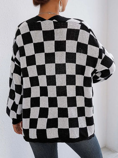 Checkered Open Front Long Sleeve Cardigan Easy Apparels