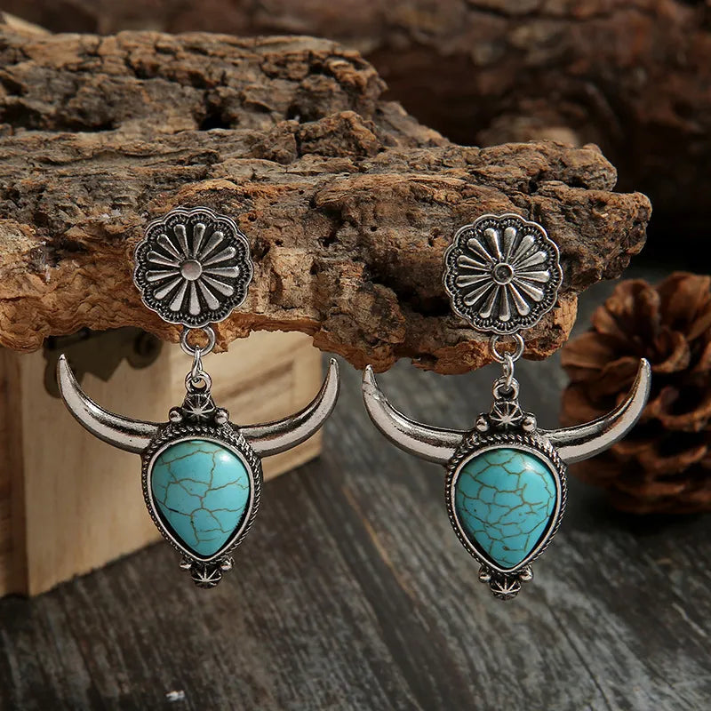 Artificial Turquoise Alloy Cow Head Earrings Easy Apparels