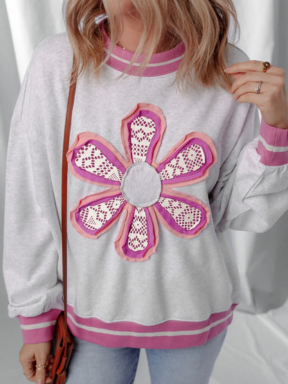 Trendsi Flower Patch Contrast Trim Crew Neck Sweatshirt