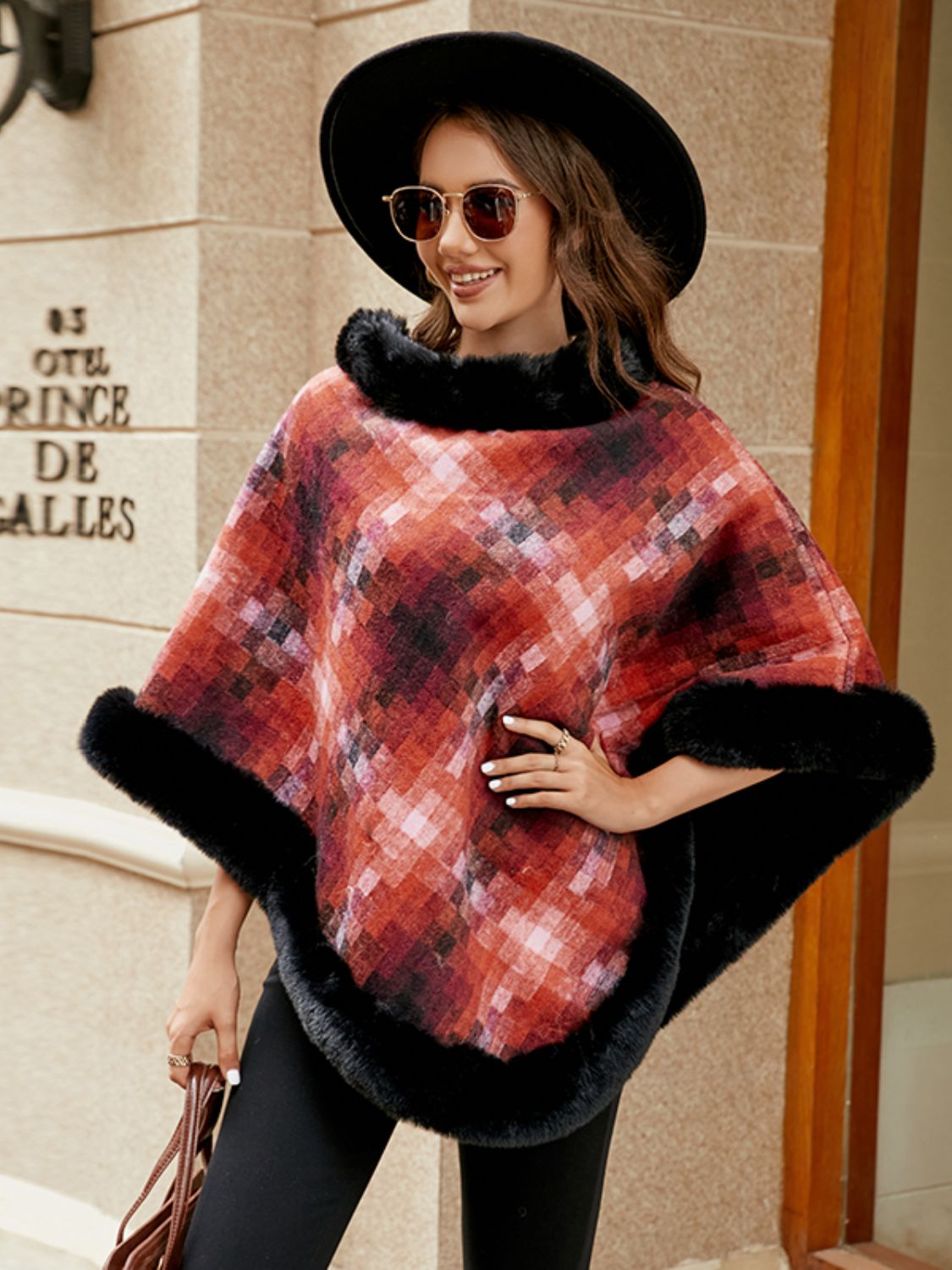 Faux Fur Trim Poncho Easy Apparels