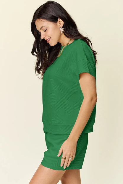 Double Take Full Size Texture Short Sleeve T-Shirt and Drawstring Shorts Set Easy Apparels