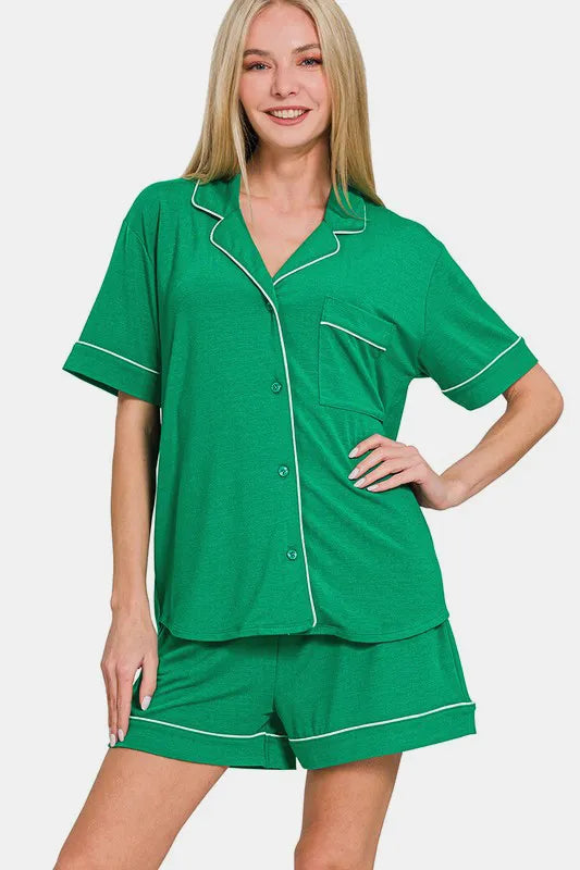 Zenana Button Down Short Sleeve Top and Shorts Lounge Set K Green Easy Apparels