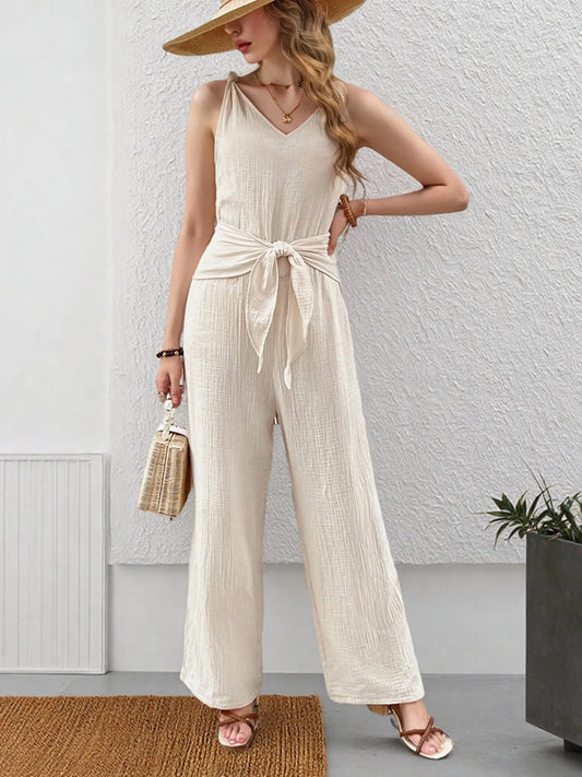 Sleeveless V-Neck Wide Leg Jumpsuit Cream Easy Apparels