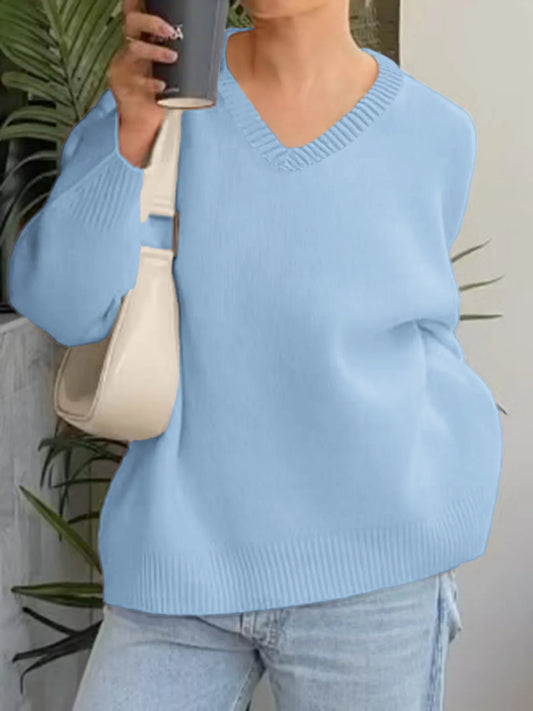 Trendsi V-Neck Long Sleeve Sweater Light Blue