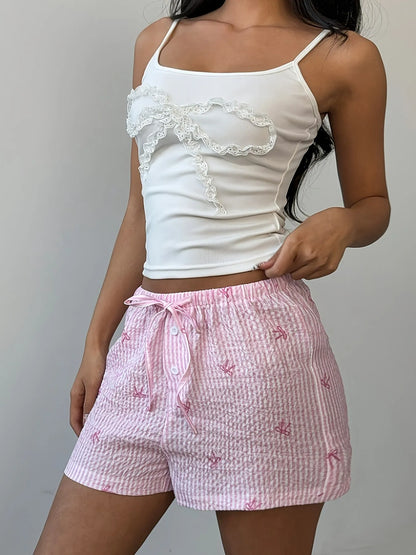 Bow Striped Drawstring Casual Shorts Easy Apparels