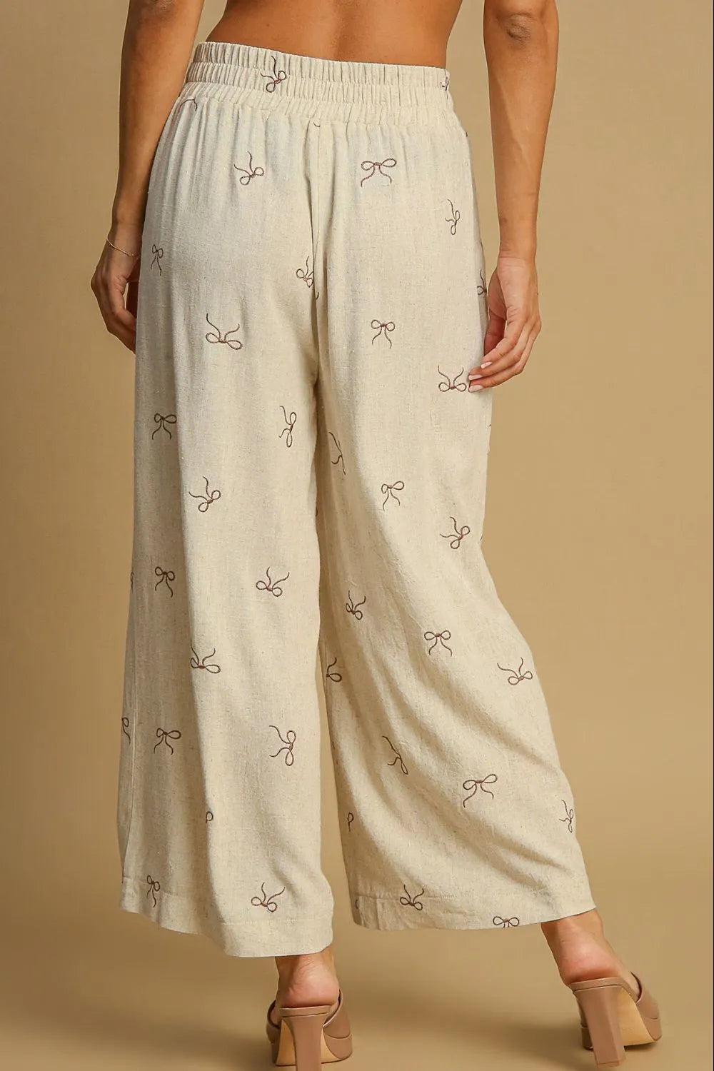 Umgee Full Size Lace Drawstring Embroidered Bow Wide Leg Pants Plus Size Easy Apparels