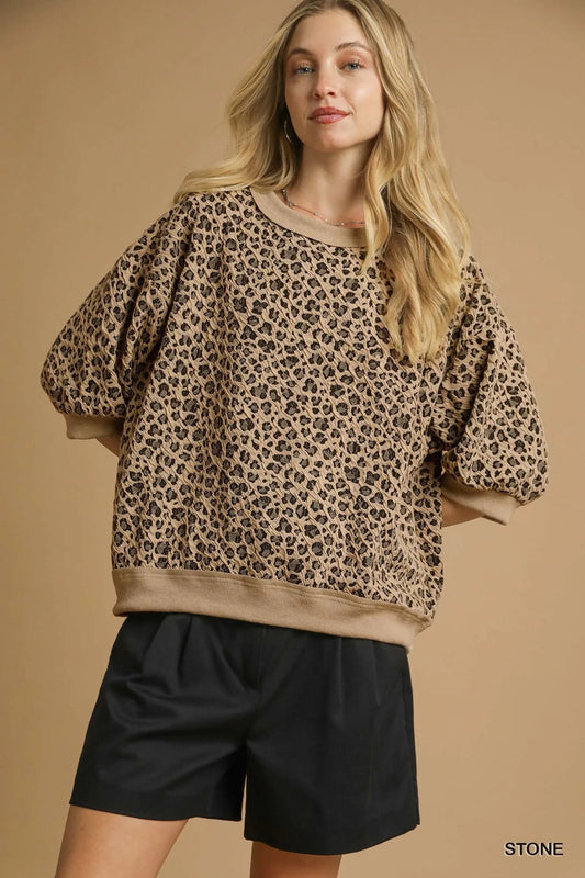 Trendsi Umgee Leopard Knit Jacquard Puff Sleeve Sweatshirt STONE