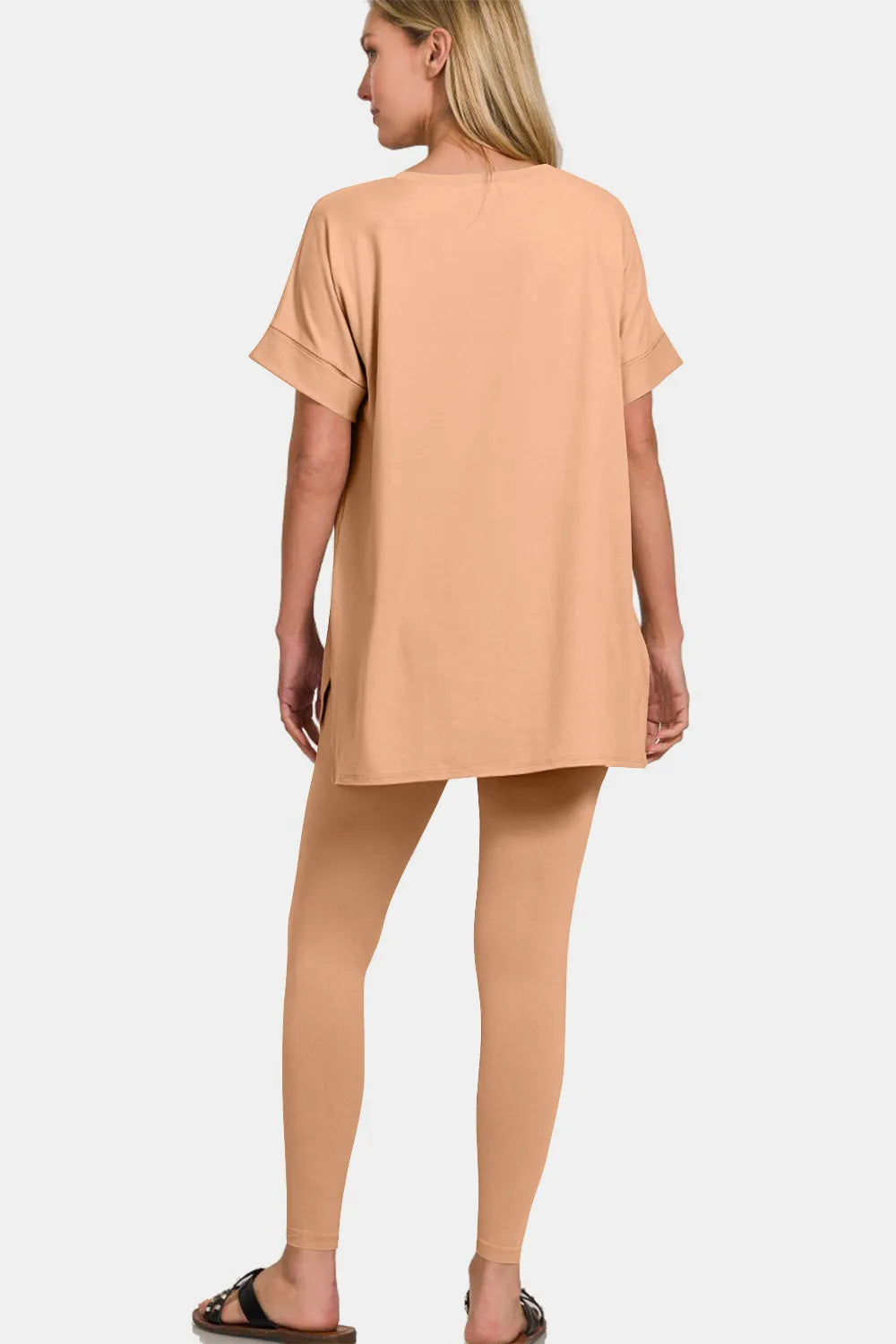 Zenana Full Size V-Neck Rolled Short Sleeve T-Shirt and Leggings Lounge Set Easy Apparels